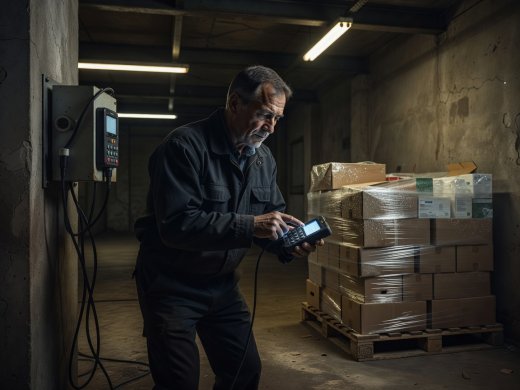 Inspector reviewing a digital transit temperature data logger beside a pallet of chilled goods in a dimly lit receiving bay