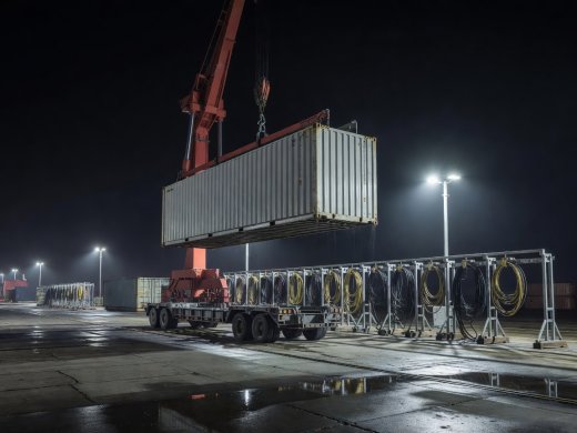 Refrigerated container being transferred onto a chassis at a floodlit night port terminal with power plug-in racks visible