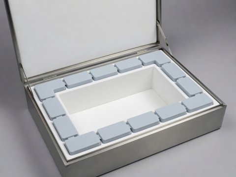 Open vacuum-insulated passive shipping container displaying phase-change coolant bricks and inner payload chamber